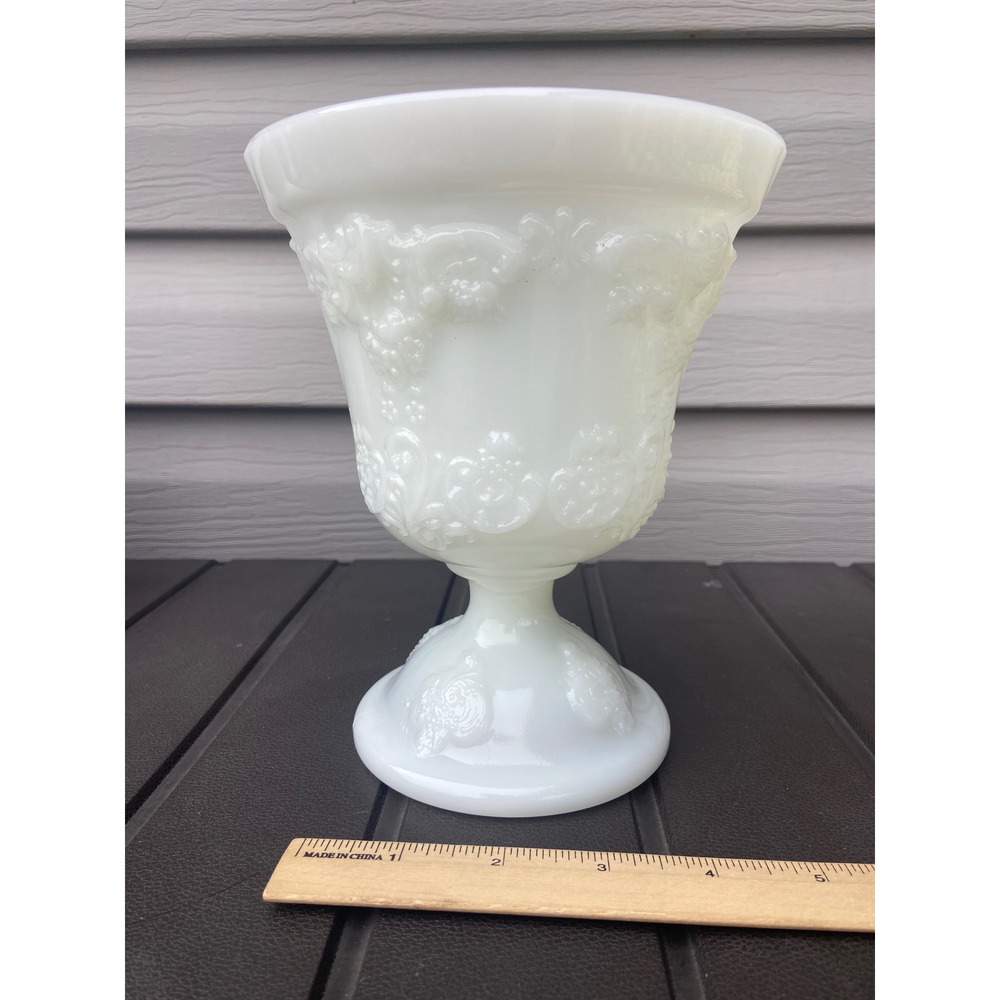 EO Brody Co M4300 White Milk Glass Floral Grape Pedestal Vase Vintage 6 inch